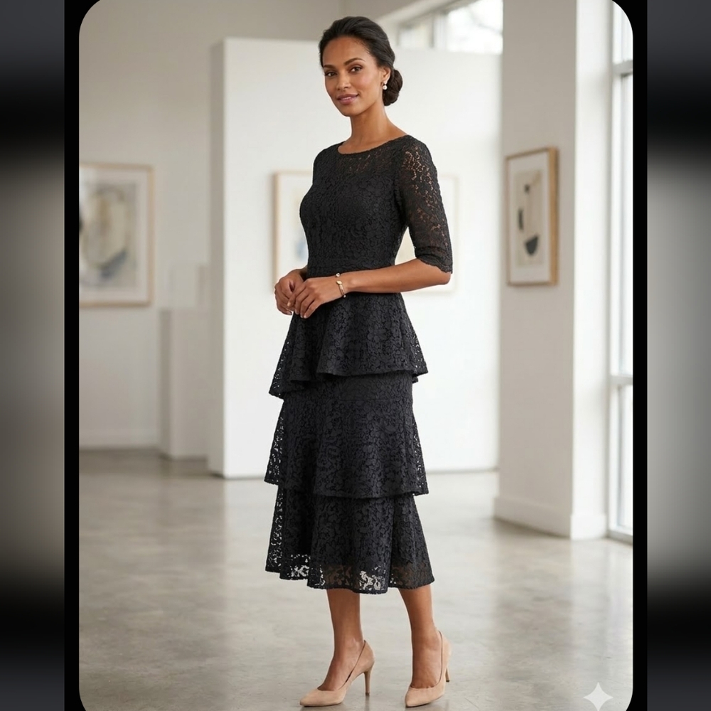 Rickie Freeman For Teri Jon Black Lace Tiered‎ Peplum Midi Dress Size 10